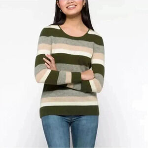 41 HAWTHORN SZ M Olive Gray Ivory Beige Stripe 100% Cashmere Pullover Sweater